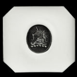 White wax impression of unicorn heraldic family crest from oval signet ring