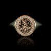 Hand engraved fantasy style signet ring in 9 carat rose gold and silver with diamonds. Features a fairy sitting on a mushroom patch.